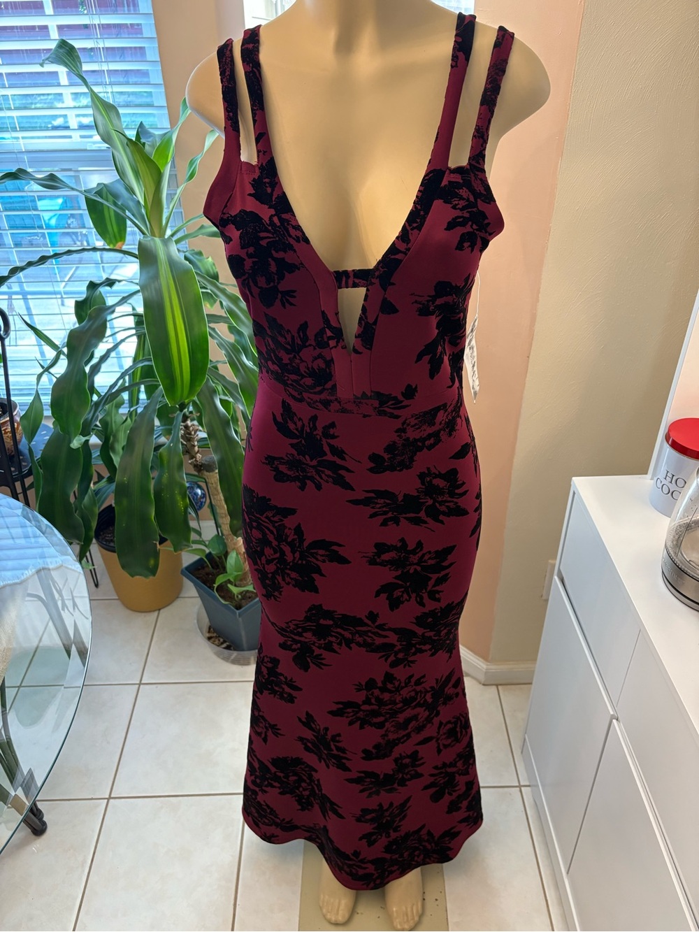 Floral Burnout Maxi Dress in Burgundy and Black